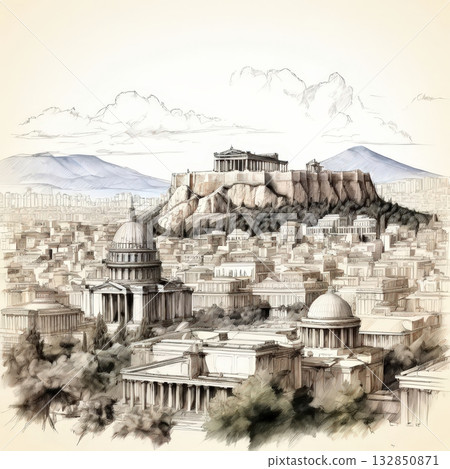 the AI Image Generator, Historic Illustration of Parthenon and Ancient Athenian Cityscape 132850871