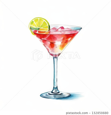 an AI Image Generator, Title Vibrant Red Cocktail In Elegant Martini Glass With Lemon 132850880