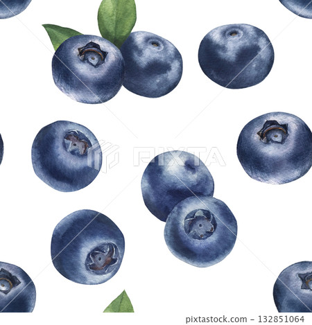 Blueberries with leaves watercolor seamless pattern. Hand drawn illustration 132851064