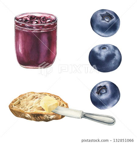 Blueberry jam, blueberries, bread and butter illustration on the white background 132851066