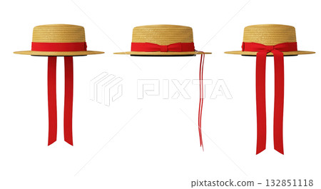 Straw boater hat with long red ribbon a classic venetian gondolier style for summer 132851118