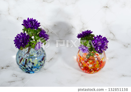一朵雛菊插在暖色和冷色玻璃花瓶中（橫向構圖，左右兩側） 132851138