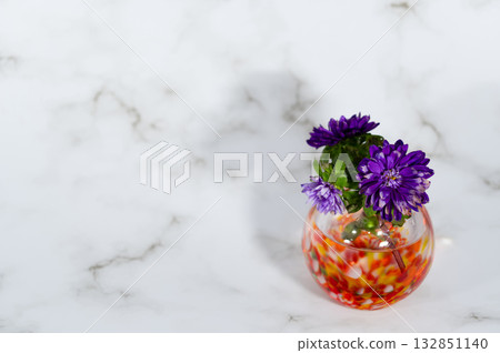 A daisy in a warm-colored glass vase (horizontal composition, positioned on the right) A daisy in a warm-colored glass vase (horizontal composition, positioned on the right) 132851140
