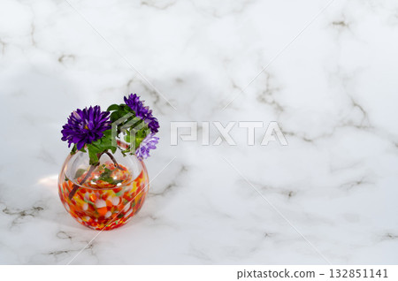 一朵雛菊插在暖色調的玻璃花瓶裡（橫向構圖，位於左側） 132851141