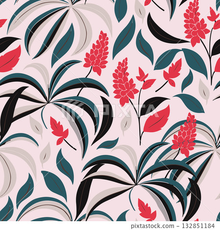 Elegant tropical seamless pattern featuring red flowers, green leaves, and palm foliage on a soft pink background. 132851184