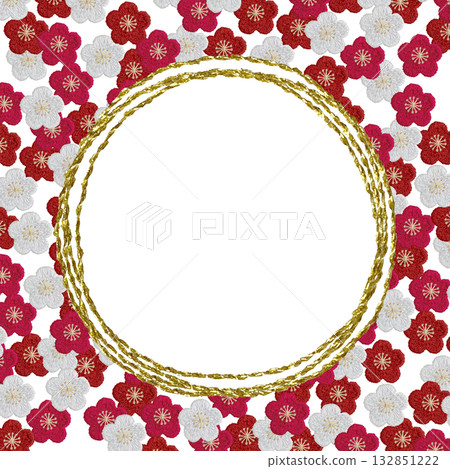 [Plum blossoms and gold round frame] Hand-embroidered illustration material 132851222