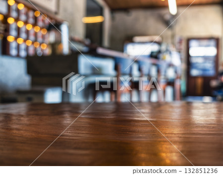 Table top wooden counter Cafe restaurant Bar interior Blur background 132851236