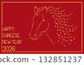Card with Symbol of Chinese New Year 2026. Lunar calendar animal, horse zodiac sign. Gold horse with a mane of snowflakes on red background. Greeting card design 132851237