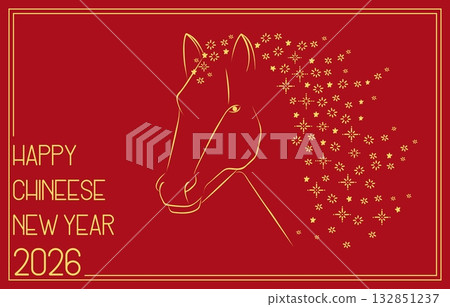 Card with Symbol of Chinese New Year 2026. Lunar calendar animal, horse zodiac sign. Gold horse with a mane of snowflakes on red background. Greeting card design 132851237