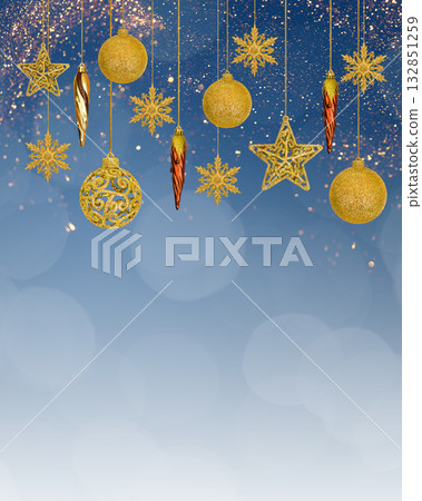 Christmas decorations in form of golden icicles, star, and ball on blue background. Festive winter holiday background. Design with copy space for greeting card, text, advertising, banner, invitation 132851259