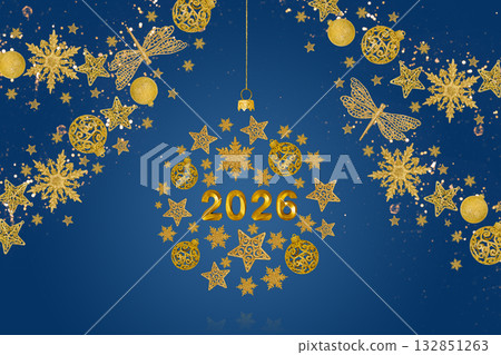 Christmas and New Year's composition in the shape of a golden ball on a Christmas tree made of decorative elements in the form of snowflakes, stars, balls, and the number 2026 Christmas and New Year's composition in the shape of a golden ball on a Christmas tree made of decorative elements in the form of snowflakes, stars, balls, and the number 2026 132851263