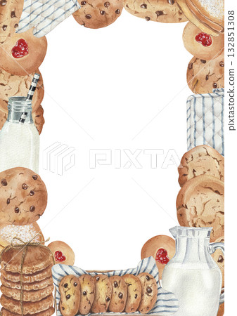 Watercolor frame with homemade cookies, milk and recipe 132851308