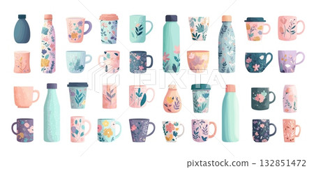Travel mugs thermoses cartoon vector set. Floral pattern design cute pink blue colors hot beverage container coffee cup set water bottle sticker pack botanical art drinkware isolated illustration Travel mugs thermoses cartoon vector set. Floral pattern design cute pink blue colors hot beverage container coffee cup set water bottle sticker pack botanical art drinkware isolated illustration 132851472