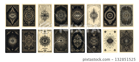 Occult tarot card backs cartoon vector set. Esoteric mystical symbols all seeing eye spiritual gold engravings fortune telling magic abstract celestial elements theme isolated on white backdrop 132851525