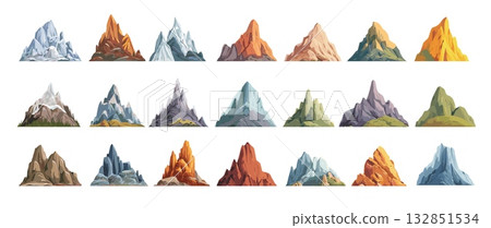 Mountain peaks cartoon vector set. High rocky cliffs stone ridges range snowy landscape outdoor terrain wilderness nature travel adventure environment isolated on white background 132851534
