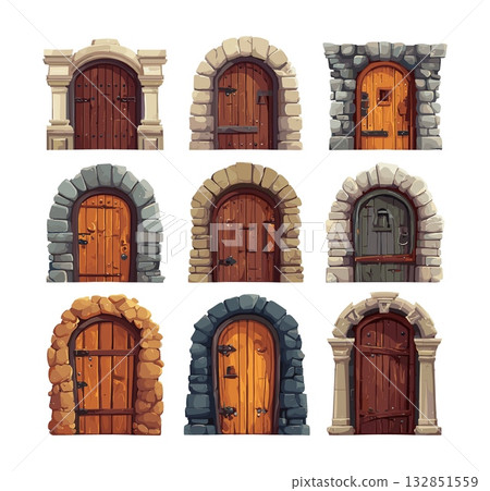 Medieval doors cartoon vector set. Wooden stone entrance rock archway ancient castle gateway old times architecture rustic wood texture fantasy game element object isolated illustration on white Medieval doors cartoon vector set. Wooden stone entrance rock archway ancient castle gateway old times architecture rustic wood texture fantasy game element object isolated illustration on white 132851559