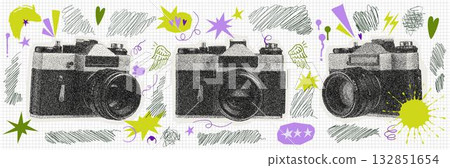 Creative collage with retro film cameras and vibrant hand-drawn doodle elements. Bitmap halftone photography combined with colorful sketch graphics on a grid background.	 132851654