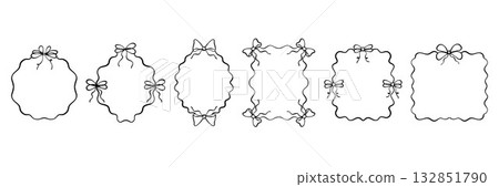 Hand drawn decorative frames with outline bows and wavy lines in doodle style. Vintage elegant borders for greeting cards, invitations, holiday design. Black and white vector illustrations Hand drawn decorative frames with outline bows and wavy lines in doodle style. Vintage elegant borders for greeting cards, invitations, holiday design. Black and white vector illustrations 132851790