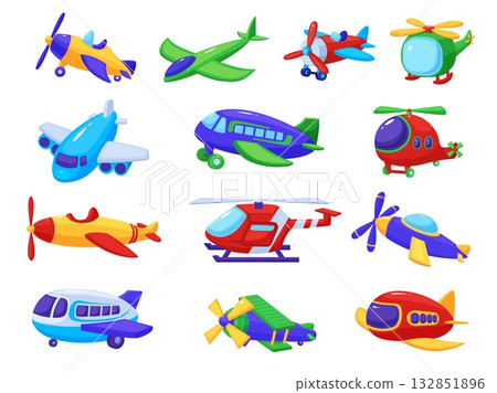 Cartoon toy aeroplanes. Isolated plane, helicopters plastic toys for children play. Rescue helicopter, fighter aircraft, flying airplane, nowaday vector set Cartoon toy aeroplanes. Isolated plane, helicopters plastic toys for children play. Rescue helicopter, fighter aircraft, flying airplane, nowaday vector set 132851896