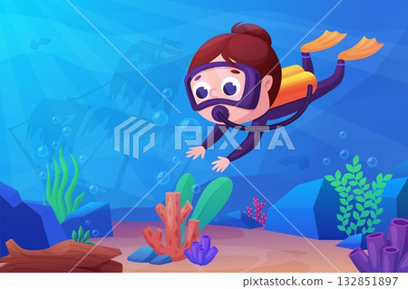 Child diver. Scuba girl in suit swimming underwater, diving in ocean. Exploration of deep sea, child adventures on vacations, nowaday vector scene Child diver. Scuba girl in suit swimming underwater, diving in ocean. Exploration of deep sea, child adventures on vacations, nowaday vector scene 132851897