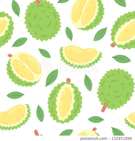 Durian fruit seamless pattern. Vibrant exotic fruits design, whole and cutting raw ingredients. Bright print for wallpaper, fabric, wrapping, racy vector background Durian fruit seamless pattern. Vibrant exotic fruits design, whole and cutting raw ingredients. Bright print for wallpaper, fabric, wrapping, racy vector background 132851899