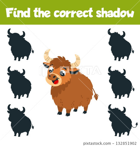 Find correct shadow. Cute cartoon yak and his different shadows. Farm cute animal, cow cattle. Children educational development game, classy vector template 132851902