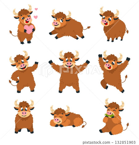 Yak characters. Cartoon yaks, funny farm animals various poses. Animal expression, cattle characters jumping, sleeping, holding heart, classy vector clipart 132851903