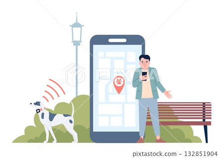 Dog tracker. Collar gps trackers for control dog or cat location in smartphone app. Wireless pets safety system, pet care recent vector scene Dog tracker. Collar gps trackers for control dog or cat location in smartphone app. Wireless pets safety system, pet care recent vector scene 132851904