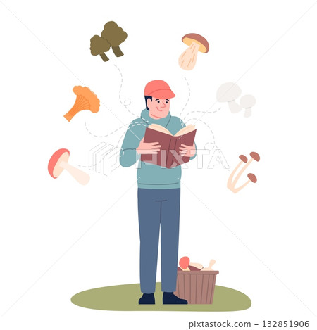 Study of mushrooms. Man examining mushroom in book, young fungus hunter. Comparison and verification of forest gifts according to textbook, recent vector scene 132851906