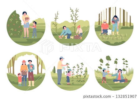 Picking berries in forest. Mushroom hunters, people pick nature food. Adults and children walking outside with baskets. Hobby, environment study, recent vector scenes 132851907