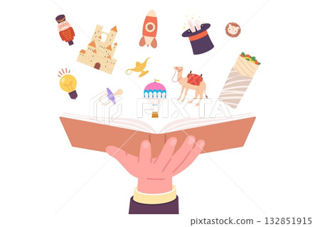 Reading books concept. Hand holding open book from which various objects fly out. Various information, new data about food, tradition, different stories, vector scene 132851915