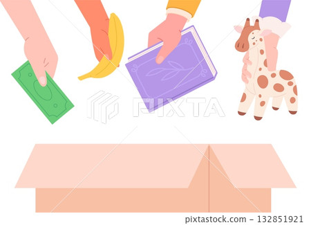 Donations in spesial charity box. Human sharing various things, donation money, food, books, toys for children. Collect social gift, vector concept 132851921