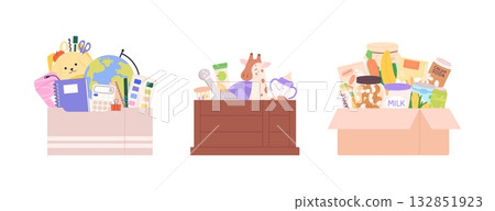 Charity boxes. Donation box with various contents. Collection for school, for newborn baby, food. Share children toys, stationery, products, vector set Charity boxes. Donation box with various contents. Collection for school, for newborn baby, food. Share children toys, stationery, products, vector set 132851923