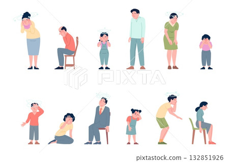 Stress characters. Tired office people with dizziness effects. Housewife, manager, boss, school children hold heads, feeling headache, recent vector set 132851926
