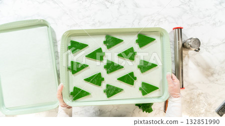 Overhead view of hands holding a baking sheet with tree-shaped Green Gingerbread Cookies cutouts, ready to be baked. Overhead view of hands holding a baking sheet with tree-shaped Green Gingerbread Cookies cutouts, ready to be baked. 132851990