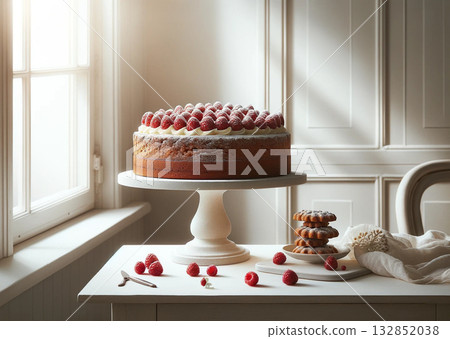 Sunlight streams into a classic kitchen, highlighting a delectable chocolate layer cake adorned with swirls of whipped cream and fresh raspberries. This dessert masterpiece sits proudly on a white Sunlight streams into a classic kitchen, highlighting a delectable chocolate layer cake adorned with swirls of whipped cream and fresh raspberries. This dessert masterpiece sits proudly on a white 132852038
