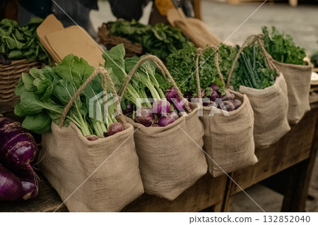 A rustic arrangement of purple turnips with leafy greens in jute bags lined up on a wooden table at a farmers market. Excellent for visuals of fresh produce and sustainable agriculture. A rustic arrangement of purple turnips with leafy greens in jute bags lined up on a wooden table at a farmers market. Excellent for visuals of fresh produce and sustainable agriculture. 132852040