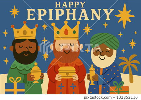 Happy Epiphany. Cute Three Kings scene in childish style. Vector vintage poster 132852116