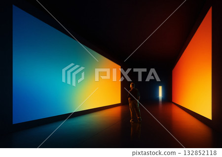 Creative graphic artwork. Man in futuristic gallery with glowing blue and orange light walls Creative graphic artwork. Man in futuristic gallery with glowing blue and orange light walls 132852118