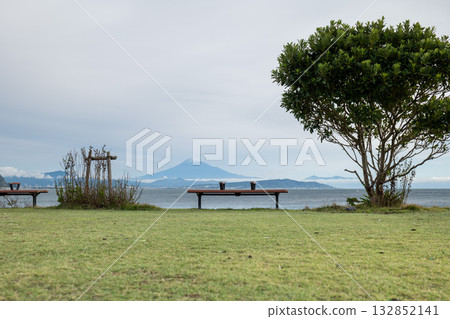 A grassy area with benches overlooking Mt. Fuji and the ocean, 132852141