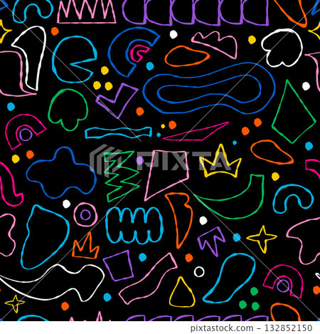 Outline Colorful Curvature Crayon Freeform Seamless Pattern. Abstract Hand Drawn Shapes, Curls, Geometric Forms on Black Background. Bright Modern Textured Ink drawing. Vector illustration. Not AI 132852150