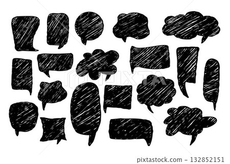Hand Drawn Crayon Speech Bubble set. Curvature Black Chalk Abstract Freeform, various Shapes. Isolated Textured doodles. Various talk, thought, and comic elements. Vector illustration. Not AI 132852151