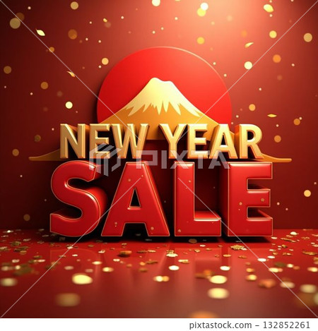 新年促銷3D標誌，紅金邊框，富士山背景設計，新年促銷首發海報 132852261