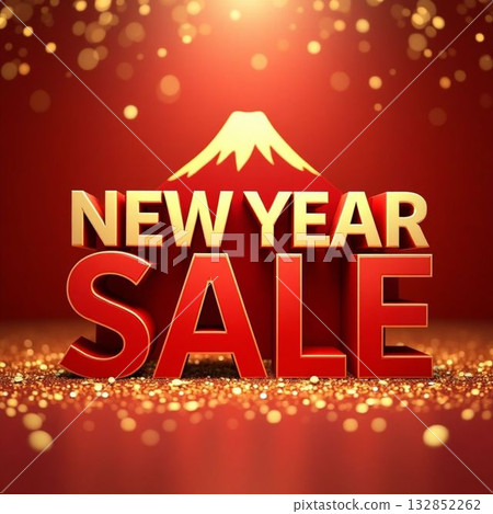 新年促銷（紅色底金色邊框）背景套裝，以富士山和金色閃光為特色。新年促銷。 132852262