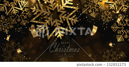 Merry Christmas, Festive card with delicate textured gold snowflakes Merry Christmas, Festive card with delicate textured gold snowflakes 132852273