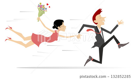 Fall in love. Happy man and woman running holding hands. Happy lovers characters. Happy running man holding hand of flying woman	 132852285