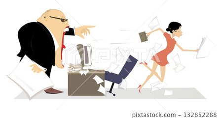 Angry boss and employee woman. Angry chief scolds his employee woman. Employee runs away from the angry director. Angry chief scolds his employee and points him get out from the office Angry boss and employee woman. Angry chief scolds his employee woman. Employee runs away from the angry director. Angry chief scolds his employee and points him get out from the office 132852288