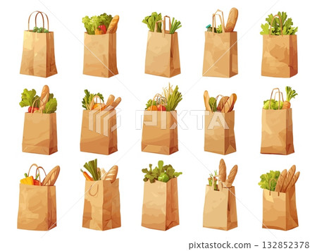 Set of paper bags with various supermarket products, vegetables, greens and buns, vector illustration Set of paper bags with various supermarket products, vegetables, greens and buns, vector illustration 132852378