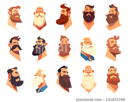 set of men with beards, different ages, colors and shapes of hairstyles and beards, heads with closed eyes, vector illustration 132852399