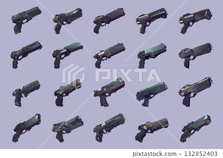 Set of futuristic police pistols, different shooting devices, concept of future weapons, vector illustration Set of futuristic police pistols, different shooting devices, concept of future weapons, vector illustration 132852403